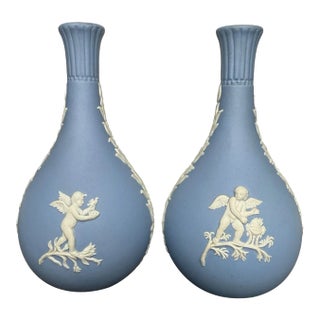 Vintage Wedgwood Blue Jasperware 5.5”t Bud Vase-Pair For Sale