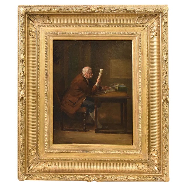 Portrait of Man Reading, 19th Century, Oil on Canvas, Framed For Sale