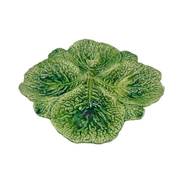 Mid 20th Century Vintage Green Ceramic Cabbage Lettuce Leaf Serving Platter Bowl Portugal For Sale - Image 5 of 12