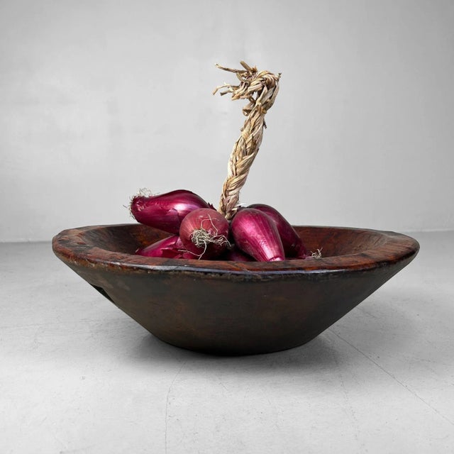Authentic, solid-wood kneading bowl with a deep, reddish-brown patina built up through generations of use. Dimensions:...