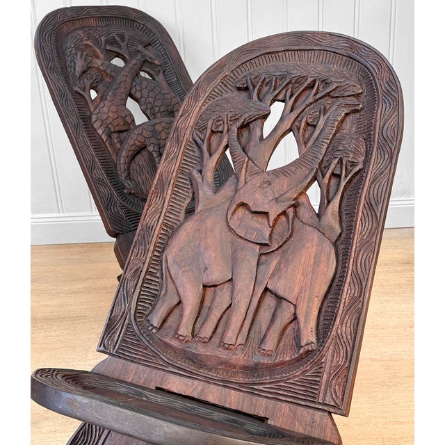 Vintage African Mahogany Elephant & Giraffe Carved Slipper Chairs - A Pair For Sale - Image 10 of 12