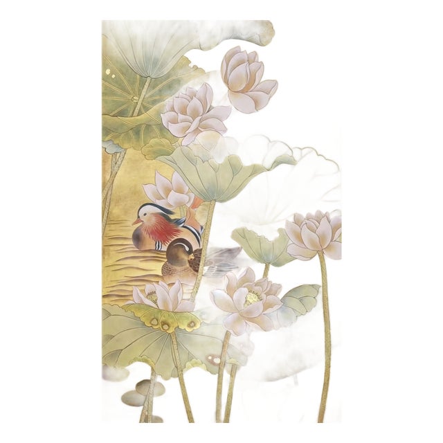 Luxury Hand Painted Gold Leaf Wallpaper With Lotus Flower & Mandarin Duck Design, Oriental Chinoiserie Wall Mural, Custom Designer Wallcovering For Sale
