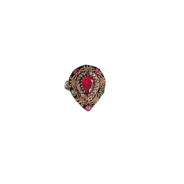Vintage Natural Ruby, Emerald and Diamond Ring - 925 Sterling Silver Size 7 For Sale In New York - Image 6 of 9