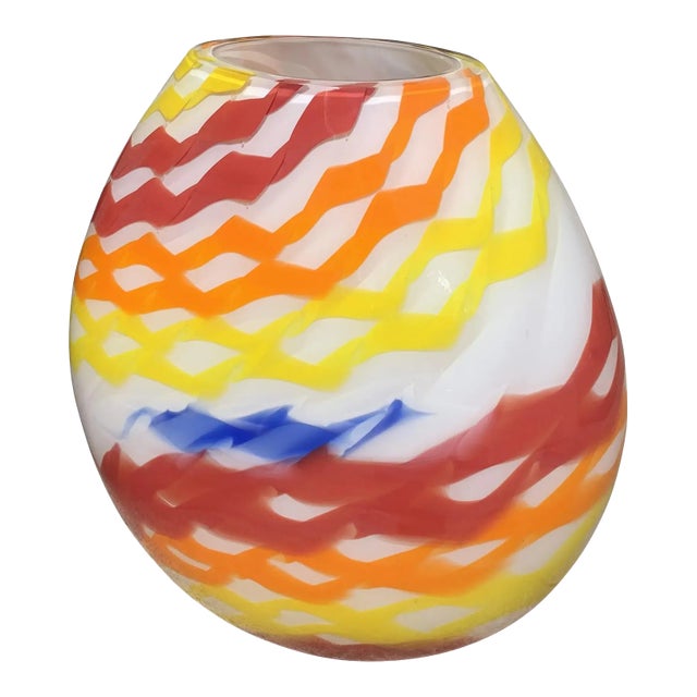 Contemporary Vase in Milky-White Murano Glass With Colored Reeds, Attributed For Sale