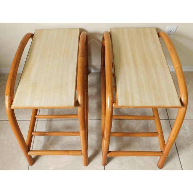 Wood Pair Vintage Mid Century Bamboo Rattan Formica Top Side/End Tables For Sale - Image 7 of 8