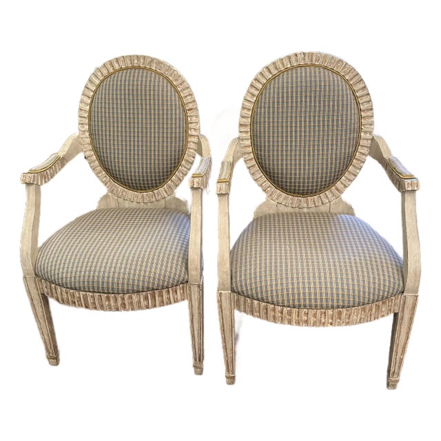 Carved Painted Wood French Country Upholstered Bergere Chairs - A Pair For Sale