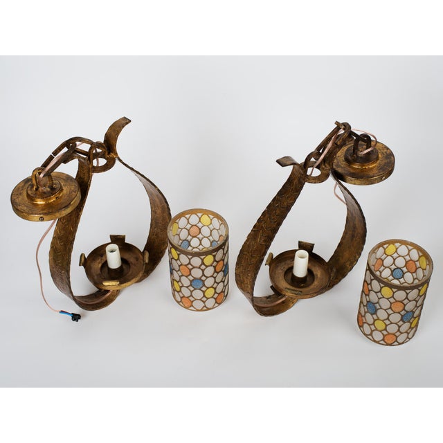 1950s Spanish Gilt Wrought Iron Lantern Pendants – Neoclassical Mid-Century Modern Ceiling Lights, Pair For Sale - Image 11 of 15