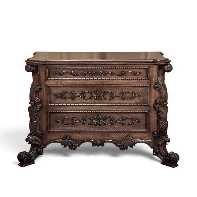 Antique Italian Rococo Revival Hand Carved Walnut Commode For Sale - Image 4 of 18