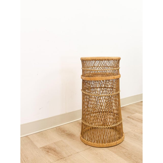 Mid-Century Modern Vintage Round Wicker Plant Stand Woven Boho Coastal Decor Accent Rattan Pedestal For Sale - Image 3 of 9