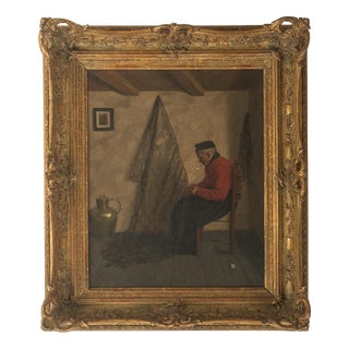 Wilhelm Gdanietz, Mending the Fishing Nets, Oil Painting For Sale