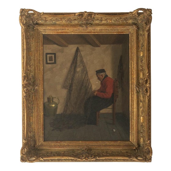 Wilhelm Gdanietz, Mending the Fishing Nets, Oil Painting For Sale