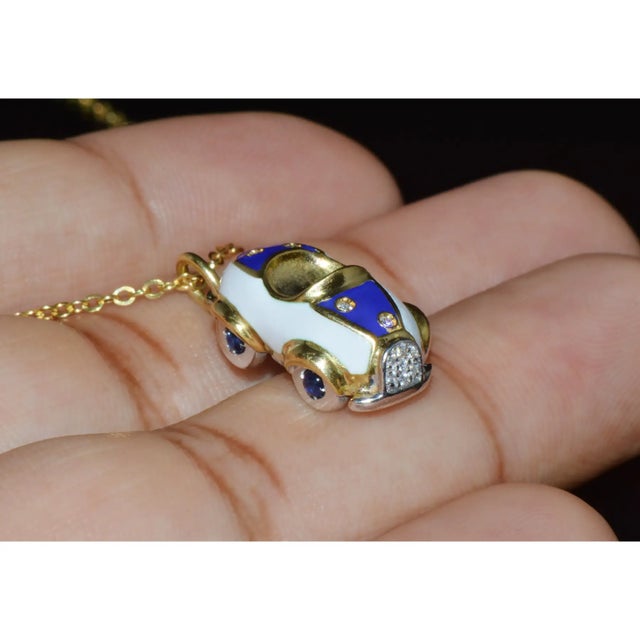 Designer Aaron Basha Natural Diamond Sapphire & Enamel Solid 18k Gold Luxury Car Charm Pendant For Sale - Image 4 of 11
