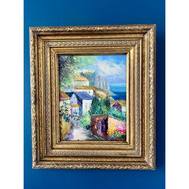 Impressionist Mid- Century Framed Vintage Mediterranean Coastal Village Oil Painting For Sale - Image 3 of 18