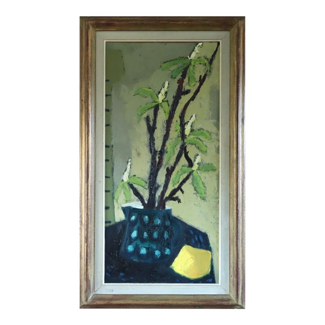 Mid-Century Modern 'Branches in a Blue Vase' Vintage Expressive Still Life Oil Painting by Swedish Artist Gunnar Johnsson (1917–2007), Framed For Sale