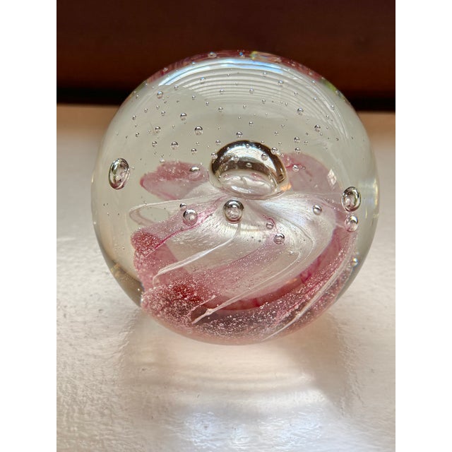 Baccarat Vintage Clear Glass Paperweight With Pink Swirl and Controlled Bubbles For Sale - Image 4 of 6