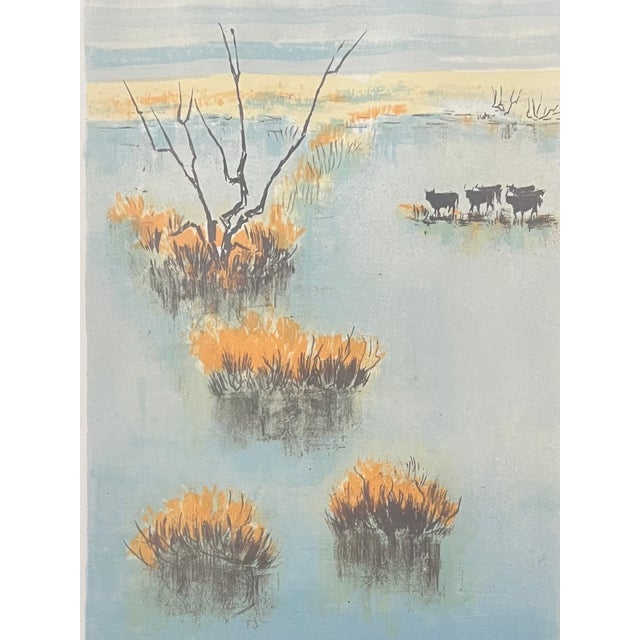 A lush original lithograph limited edition print by listed French artist Victor Zarou. Presented under glass in a wooden...