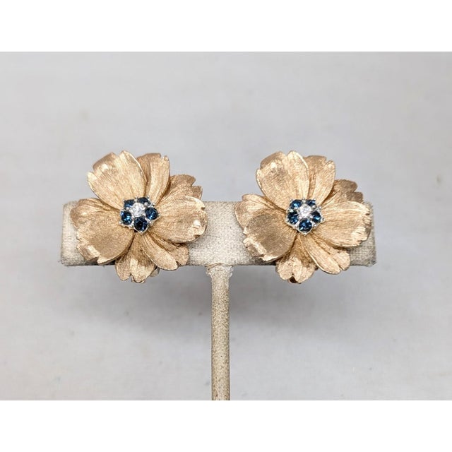 Mid-Century Modern Vintage Signed Boucher Goldtone Faux-Sapphire Flower Clip Earrings- 2 Pieces For Sale - Image 3 of 7