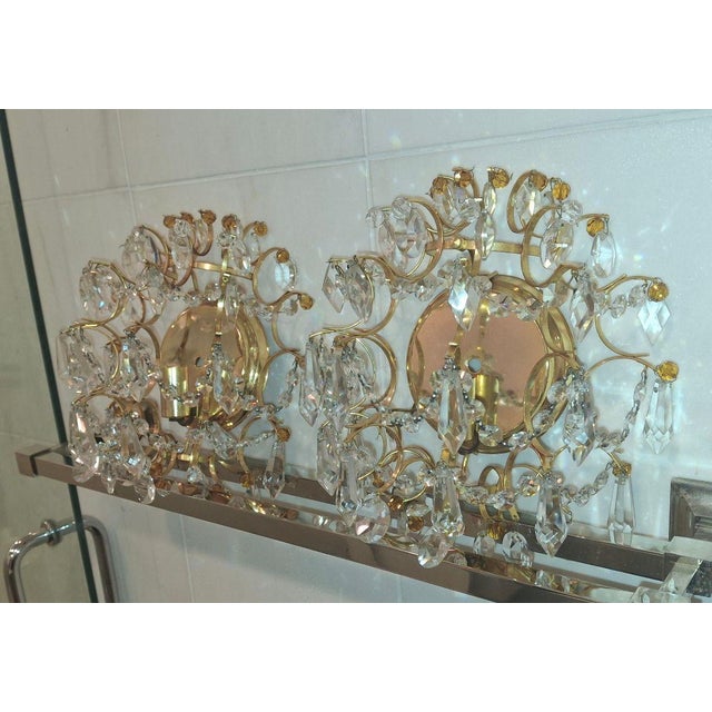 Luxe 1950's Hollywood Regency 24k Plate Frame Austrian Crystal 1/2 Orb Wall Sconces Attributed to Palwa a - Pair For Sale - Image 16 of 17