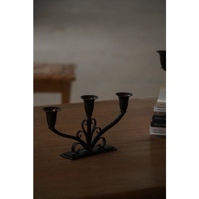 Early 20th Century Art Deco Danish Metal Three-Arm Candelabra, 1930s, Set of 2 For Sale - Image 4 of 18