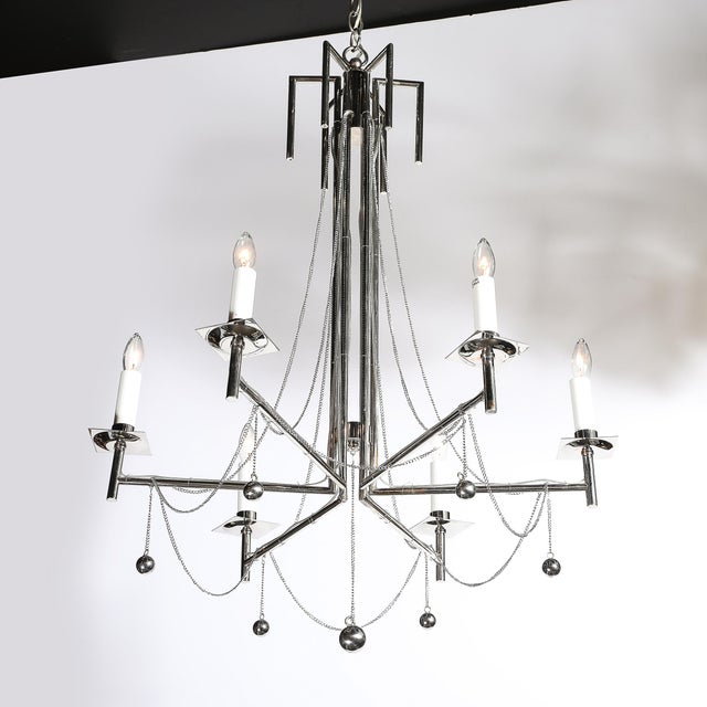 Modernist Polished Nickel Six Arm Chandelier W/ Chain & Spherical Detailing For Sale - Image 4 of 14