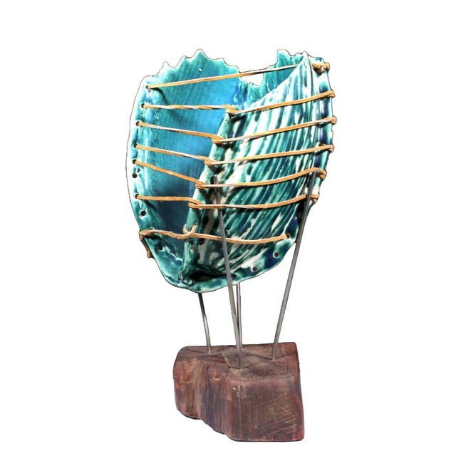 Green Mid Century Modern Ceramic Green Biomorphic Shell Design on Metal & Wood Stand For Sale - Image 8 of 8