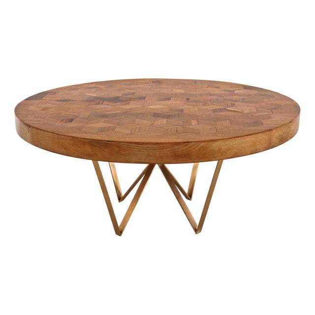 Maurits Round Marquetry Table in Reclaimed Oak with Brass Legs by Fred&Juul For Sale