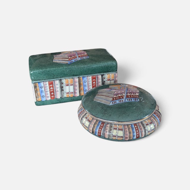 Vintage Maitland Smith Style Stacked Book Ceramic Keep All Boxes- A Pair For Sale - Image 11 of 17