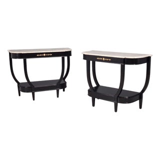 Louis XVI Style, Console Tables, Ebonized Wood, Bronze, Marble, France, 20th C. For Sale
