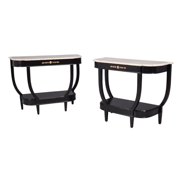 Louis XVI Style, Console Tables, Ebonized Wood, Bronze, Marble, France, 20th C. For Sale