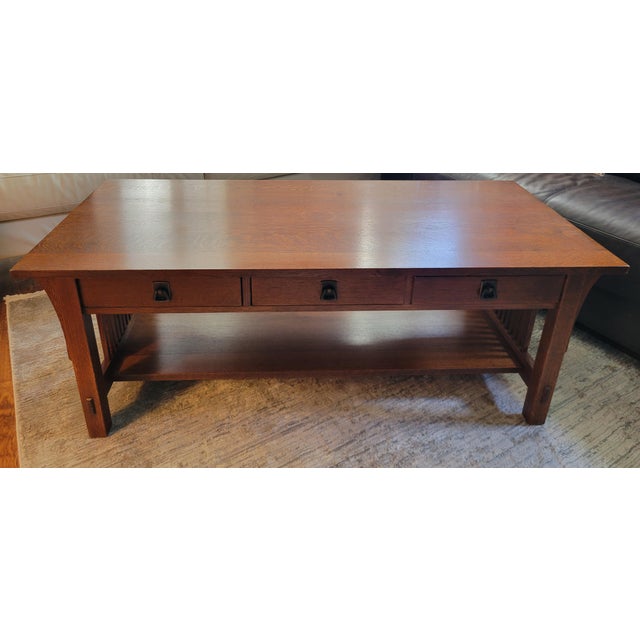 Auburn Stickley Mission Collection Oak Spindle 3-Drawer Cocktail Table For Sale - Image 8 of 10