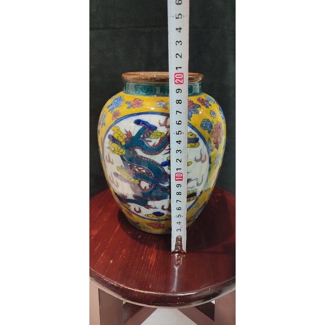 Ceramic Chinese Ceramic Pot Qing Dynasty Kangxi Marked Yellow Ground Doucai Porcelain Jar Hand Painted Cloud and Dragon Pattern For Sale - Image 7 of 11