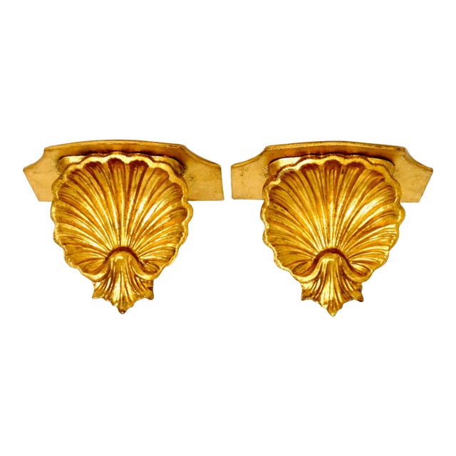 Mid Century Italian Giltwood Shell Wall Brackets,- a Pair | Chairish
