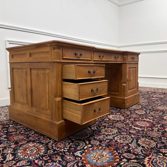 English Teak Desk with Brown Leather Top For Sale - Image 13 of 18