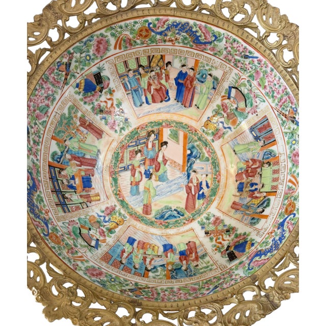 French Rose Mandarin Porcelain Bowl With French Dore Bronze Mounts For Sale - Image 3 of 12