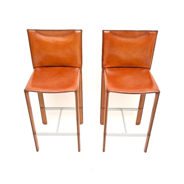 Vintage Italian Leather Bar Stools by Enrico Pellizzoni, 1980, Set of 2 For Sale - Image 6 of 11