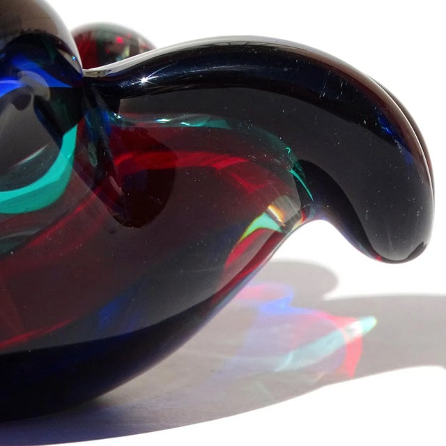 Late 20th Century Murano Vintage Red Black Blue Aqua Swirl Design Italian Art Glass Flower Shaped Ashtray Bowl For Sale - Image 5 of 8