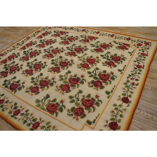English 1890s Ivory Roses Floral Antique English Needlepoint Rug 6'10" X 7'6" Flatweave Wool Carpet For Sale - Image 3 of 6