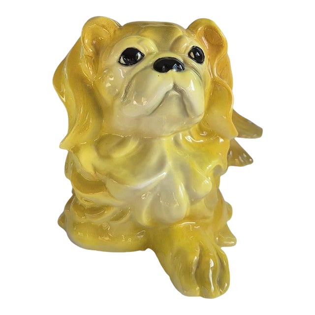 Vintage Yellow Porcelain Pekinese Dog Figurine Astoria Moldings Inc Made in Germany C. 1960's For Sale