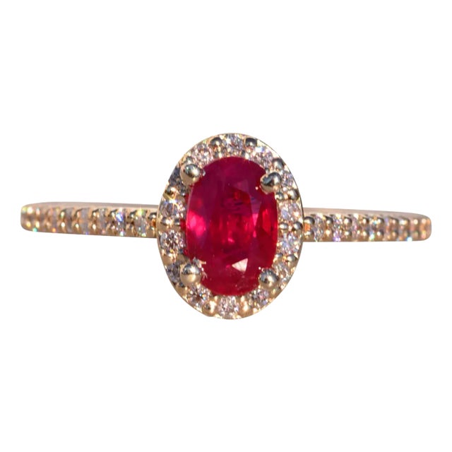 The Fairblue: Ladies Contemporary Yellow Gold Ruby Engagement Ring with Diamond Halo For Sale
