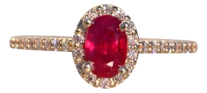 The Fairblue: Ladies Contemporary Yellow Gold Ruby Engagement Ring with Diamond Halo