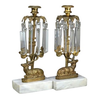 Pair Antique Figural Elk Bronze & Crystal Candle Holders With Marble Bases C1880 For Sale