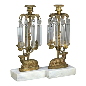 Pair Antique Figural Elk Bronze & Crystal Candle Holders With Marble Bases C1880