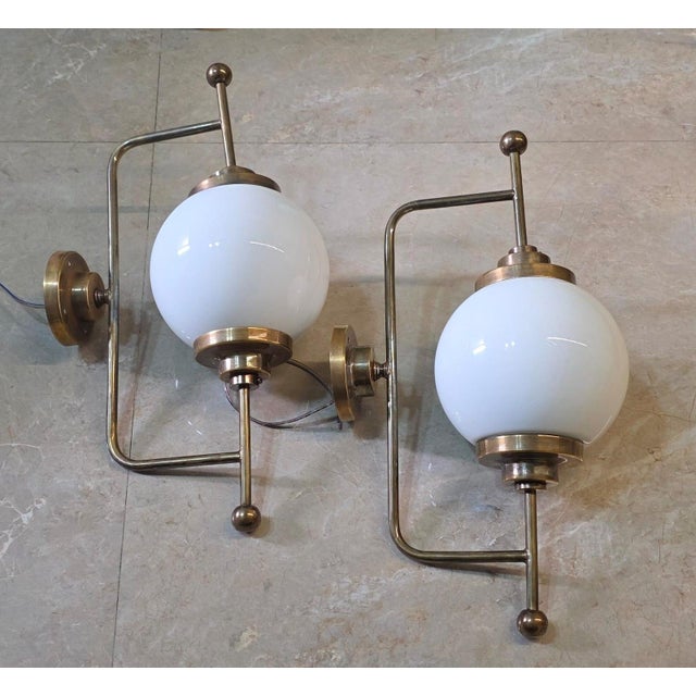1940s Vintage Art Deco Light Old Lamp Wall Sconces Fixture Brass & Milk Glass Shade Ship Light - a Pair For Sale - Image 5 of 5