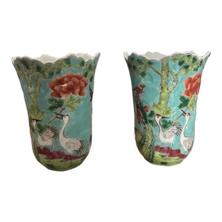 Twentieth Century Famille Rose Chinese Export Heavily Enameled Turquoise Scalloped Vases, a Pair For Sale