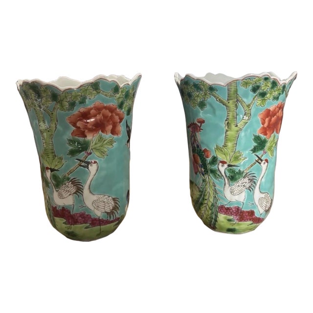 Twentieth Century Famille Rose Chinese Export Heavily Enameled Turquoise Scalloped Vases, a Pair For Sale