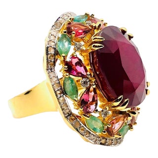 Bochic “Orient” Vintage Emerald, Ruby & Pink Tourmaline Ring Set 18 K Gold & Sil For Sale