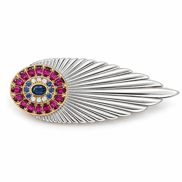 Art Deco Erté Vintage 14k/Sliver Plume" Feather Brooch With Sapphires, Garnets & Diamonds For Sale - Image 3 of 7