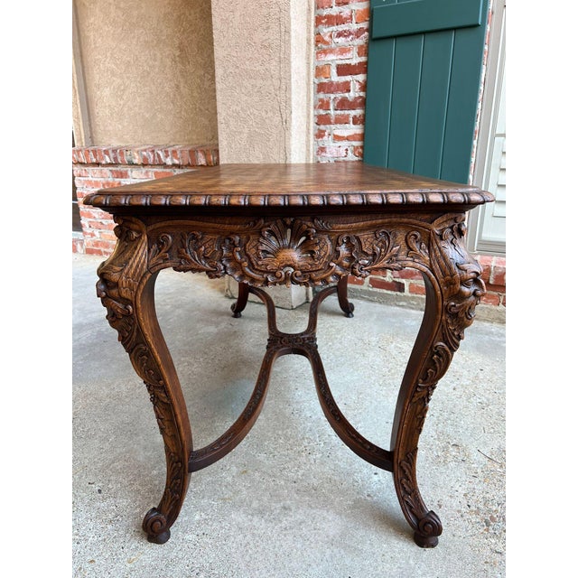 Brown Antique French Center Library Table Louis XV Carved Oak Rococo Parquetry C1890 For Sale - Image 8 of 18