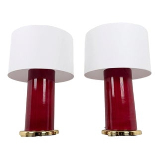 Italian Ruby Red Glazed Ceramic and Brass Twin Table Lamps, 1970s, Set of 2 For Sale