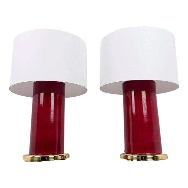 Italian Ruby Red Glazed Ceramic and Brass Twin Table Lamps, 1970s, Set of 2 For Sale